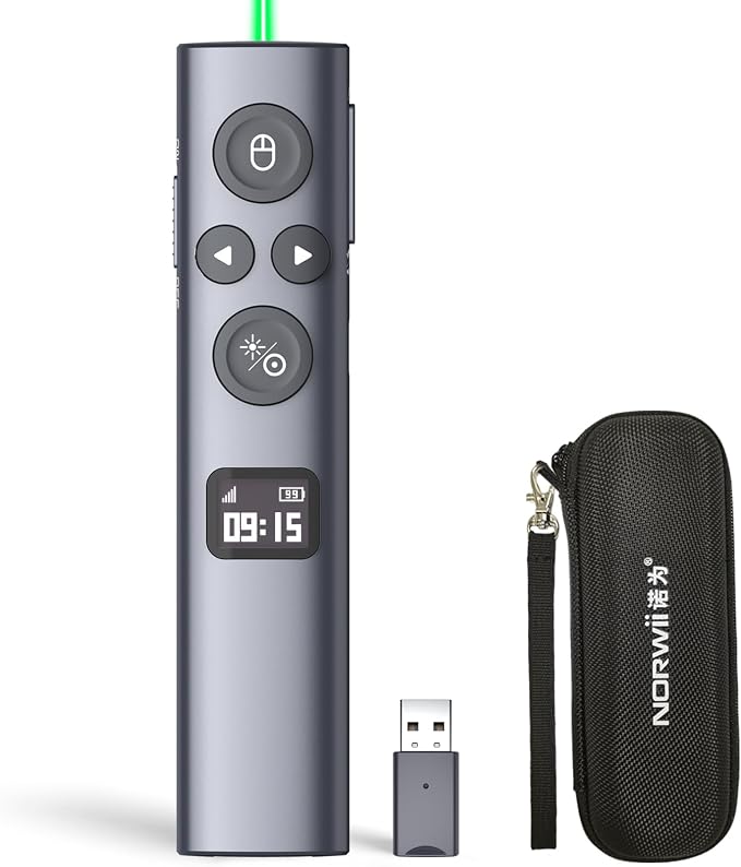 Norwii N95s BLE Presentation Clicker with Digital Pointer for PowerPoint Presentation on TV Screen and Projection Screen, Wireless Presenter Remote with Countdown Timer (Green Light-USB-A)