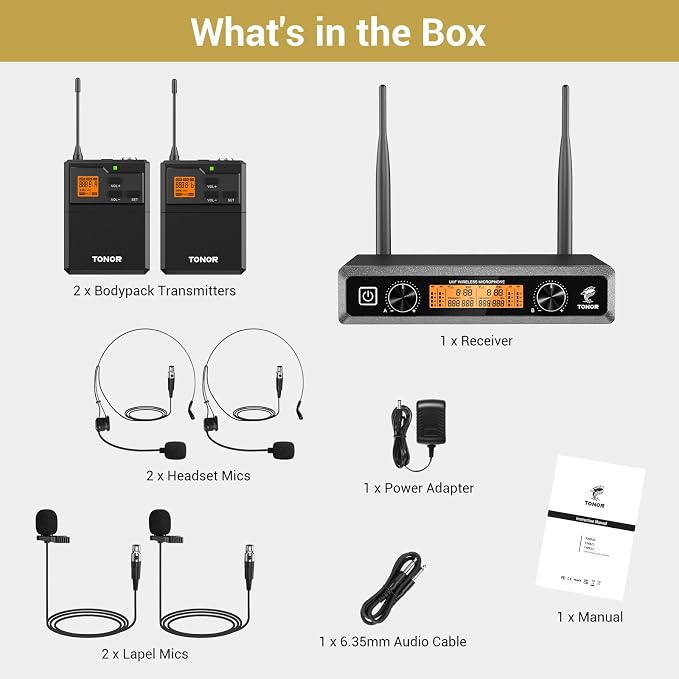 TONOR UHF Wireless Microphones System with Headset/Lavalier Lapel Mics, Bodypack Transmitter, Receiver, 2 * 15 Channels, 60 m/200ft Range for Live Singing Karaoke Church Party DJ, 2 Bodypack Mics