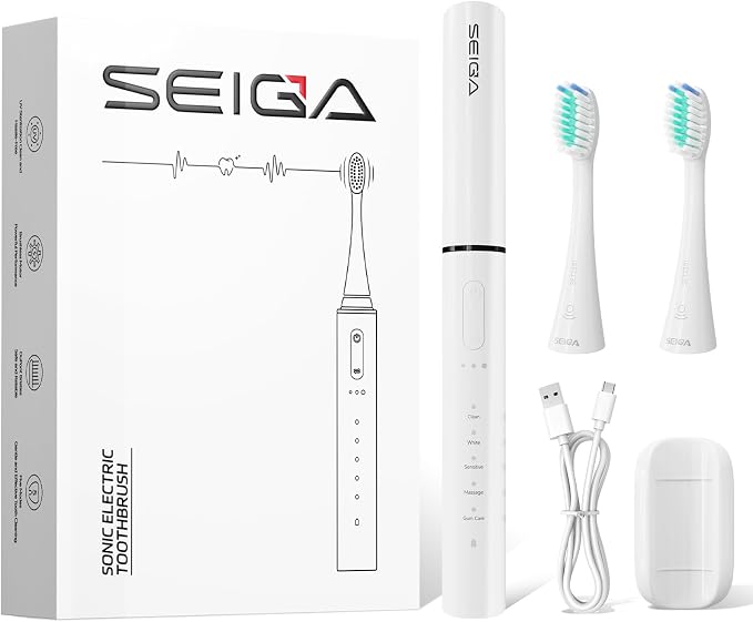 SEIGA Sonic Electric Toothbrush for Adults,Rechargeable Toothbrush with 5 Modes & 3 Intensities,Soft Bristles, 2-Minute Timer,IPX7 Waterproof,Travel Electric Toothbrush with 60-Day Battery Life