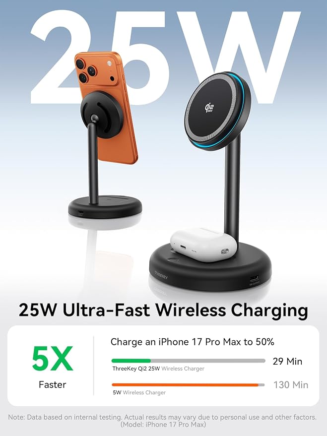 THREEKEY 25W Wireless Charger Stand: Qi2.2 Certified 2-in-1 Fast Charging Station for Apple with Cooling Fan - for iPhone 17/16/15/14/13/12 & AirPods Nightstand, Office, Desk (45W Adapter Included)