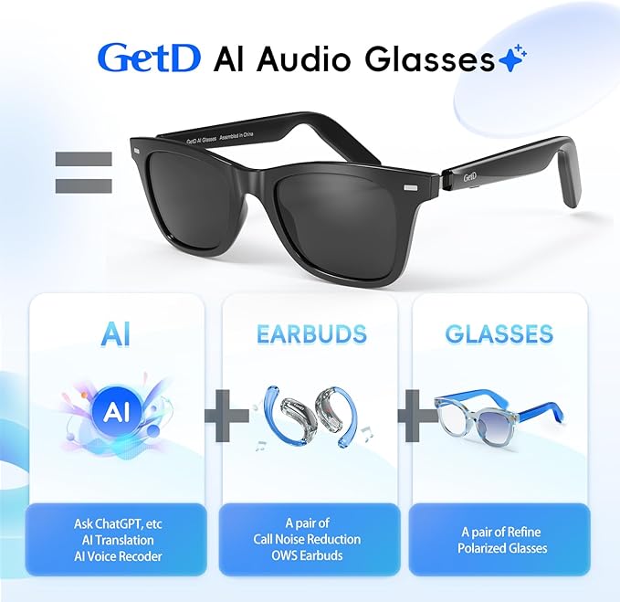 GetD 2026 AI Glasses for Men & Women, Smart Glasses Powered by ChatGPT, AI Real-time Translation with 145 Languages, 11H Music Play, Bluetooth Sunglasses with Polarized Lens, UV Protection for Travel