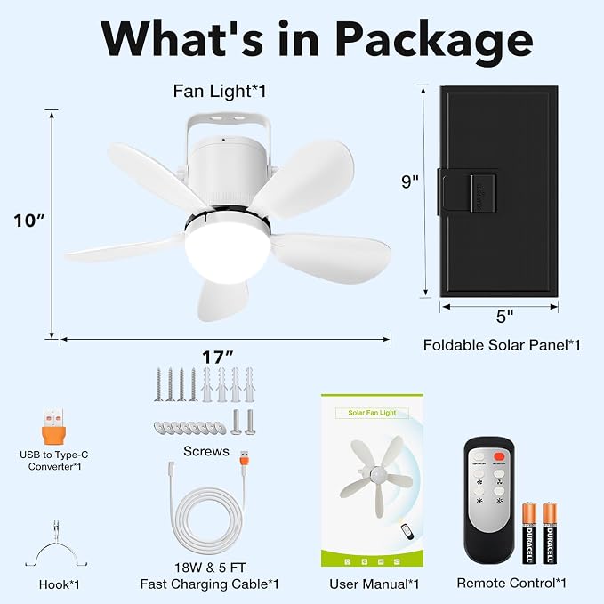 Solar Ceiling Fan Light with Foldable Solar Panel, Portable Solar Camping Fan Light Outdoor with Remote, Battery Operated Canopy Hanging Fan, Wireless, for Outside Tent Porch Patio RVs Pergola