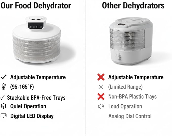 Food Dehydrator DryLite 245W – 5 Tray Adjustable, BPA-Free – 4-Hour Quick Drying, Even Heat, Easy Temp Control – Fruit, Veggie, Meat Jerky Maker (White)