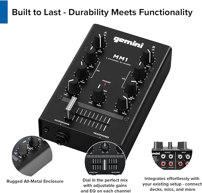 Gemini Portable 2-Channel DJ Mixer with Crossfader & EQ (MM1) | Portable 2-channel DJ mixer - full-size crossfader, 2-band EQ, gain - all-metal body - RCA & mic in