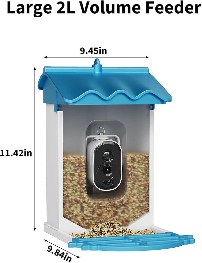 GarveeLife Smart Bird Feeder with 2K Camera & AI Recognition - Solar Powered, 2l Capacity, Night Vision, App Alerts, Auto Capture Photos/Videos for Bird Watching (Blue)
