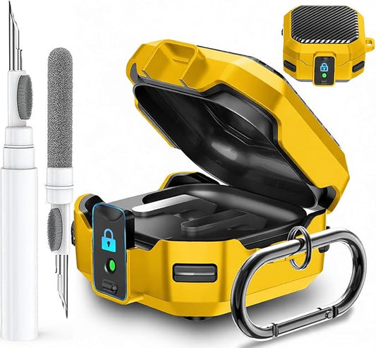 Galaxy Buds 4 Pro/Buds4 Case Cover with Secure Lock Clip, Shockproof Samsung Galaxy Buds 4/4 Pro 2026 Protective Hard Cover Shell with Carabiner&Cleaner kit for Men Women, Black/Yellow