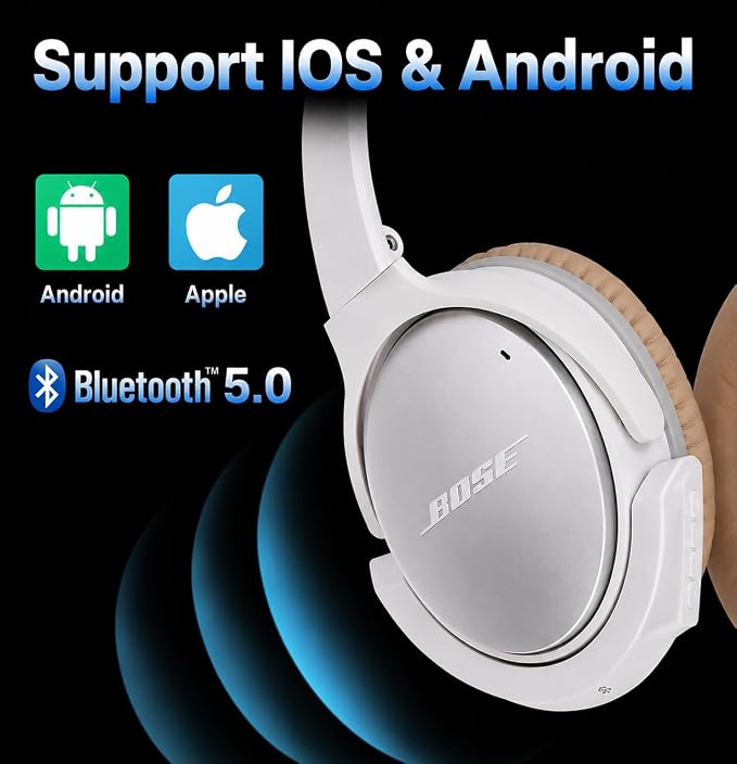 Upgraded aptX Wireless Bluetooth Adapter for Bose QuietComfort QC 25 with Mic/Volume Control, White