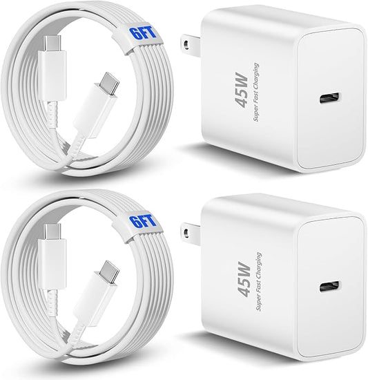 45 W Type-C Super Fast Charger Long Type C Charger Fast Charging 6/10FT 2 Pcs Phone Charger Cable Cord Suitable for Galaxy S25/S24 S23 S22 S21 Ultra/S20/S20 Ultra/Note 20 Ultra(45 W White, 6FT)