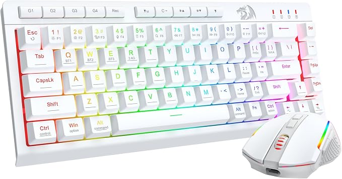 Redragon Wireless Gaming Keyboard and Mouse Combo, Bluetooth/2.4G/USB-C Wired, RGB Backlit, 60% Portable Quiet Rechargeable Macro Membrane Keyboard & 12800 DPI Mouse for Win/MAC, White