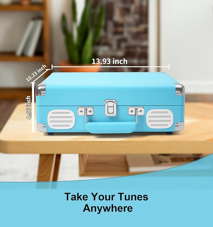 Record Player 3 Speed Bluetooth Portable Suitcase, Vinyl Phonograph with Built-in Bass & Speakers, Belt-Driven LP Player Support AUX-in RCA Line Out Headphone Jack, Blue