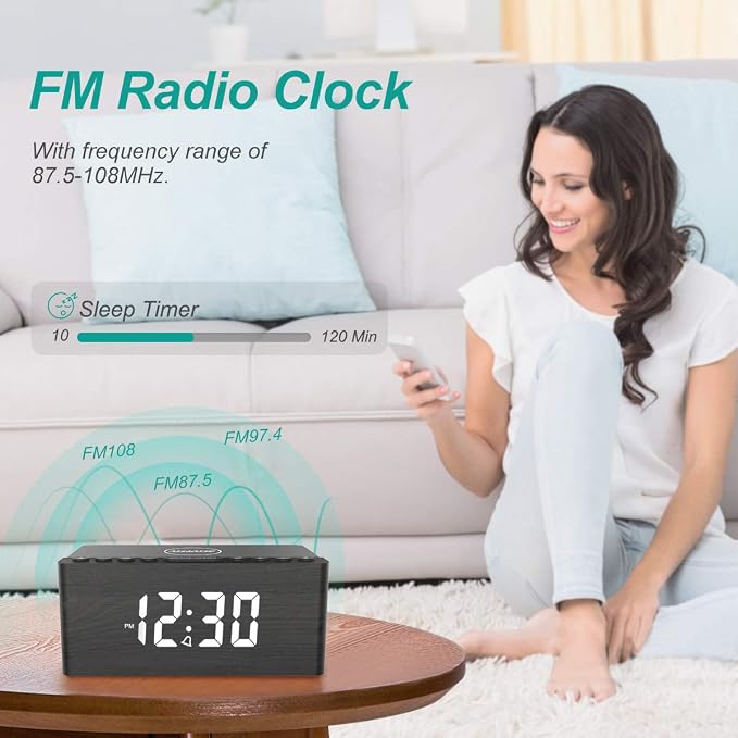 ANJANK Wooden Digital Alarm Clock FM Radio,10W Qi Certified Fast Wireless Charging Station for iPhone/Samsung Galaxy,5 Level Dimmer,USB Charger,9 Wake up Sounds, Bedroom, Bedside, Desk, Nightstand