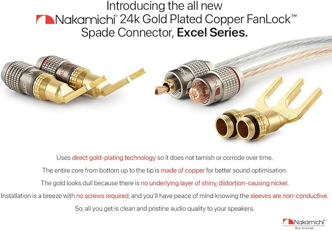 Nakamichi FanLock Excel Series 24k Gold Plated Spade Connector Banana Plug 10 AWG - 18 AWG Gauge Size 4mm for Speakers Amplifier Hi-Fi Home Theatre Wire Cable Quick Connector, 4 Pcs (2-Pairs)