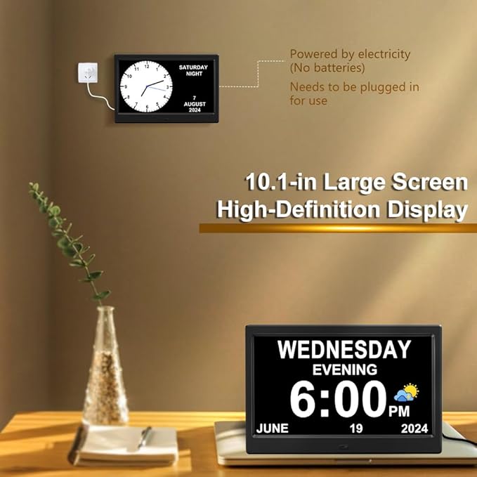 CAZOKASI Extra Large Impaired Vision Digital Alarm Clock with Day and Time for Elderly DST Calendar Clock No Battery Plug-in Power Outage Memory Auto Dimmable Clock (10.1 Inch Black)