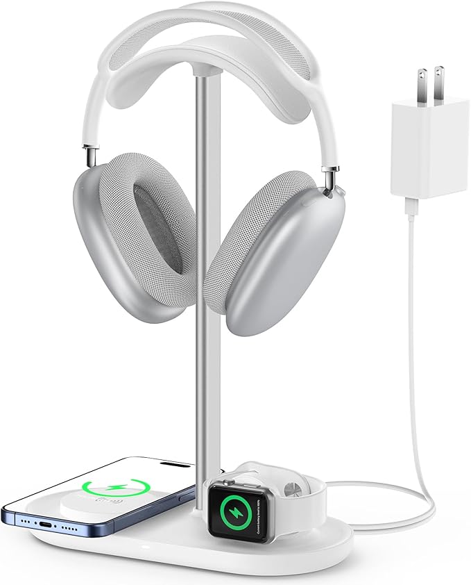 HiWe Headphone Stand, 2-in-1 Wireless Charger for iPhone/Apple Watch, Aluminum Alloy Rod, Minimalist Desk Organizer, White