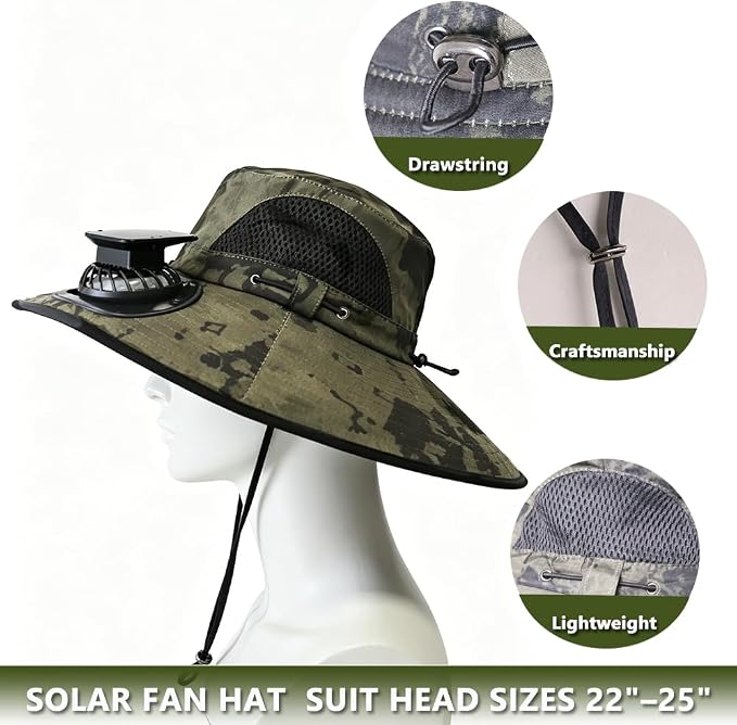 Solar Fan Hat Rechargeable 2Detachable Solar Fans,Water-Repellent Wide Brim Bucket Hat, Outdoor Camping Hiking Golf Sun Hat
