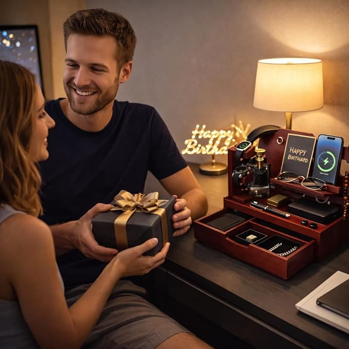 Nightstand Organizer for Men with Large Drawer, Wood Phone Docking Station for Phone, Apple Watch, Wallet & Keys, Ideal Birthday Gift for Father Husband, Bedside Desk Organizer (Mahogany)