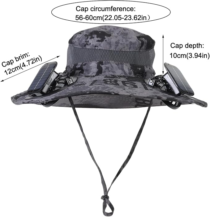 Outdoor Solar Powered Fan Hat for Men Women Breathable Wide Brim Hat with 2 Fans UPF 50+ Fishing Hat Beach Bucket Sun Hat