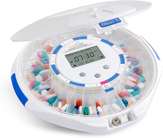 LiveFine Automatic Pill Dispenser with 28-Day Electronic Medication Organizer, 6 Dosage Rings, LCD Display with Sound & Light Alerts, Key & Magnifying Glass for Prescriptions, Vitamins & Supplements