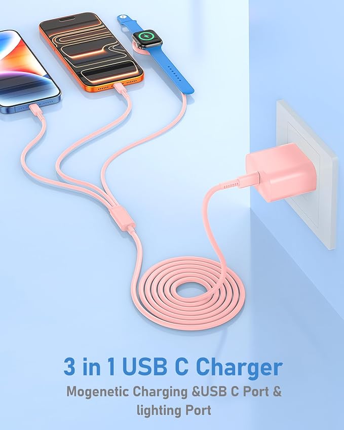 20W USBC for Apple Watch Charger Fast Charging,3in1 Multiple Cable for iWatch USBC Charger Cord 6FT for Apple Watch Series 11/10/9/8/7/Ultra3/Ultra 2/6/5/4/3/2/1/Ultra/iPhone 17/16/15/14/13/12/11-Pink