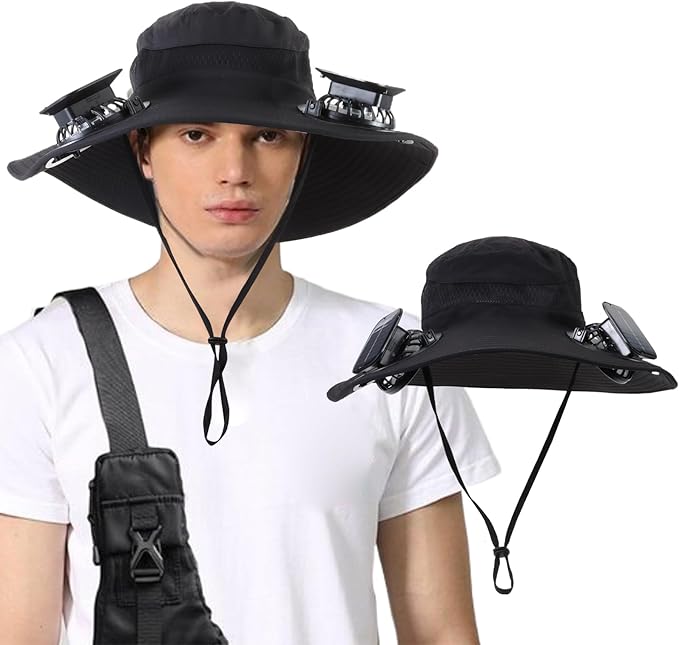 Outdoor Solar Powered Fan Hat for Men Women Breathable Wide Brim Hat with 2 Fans UPF 50+ Fishing Hat Beach Bucket Sun Hat