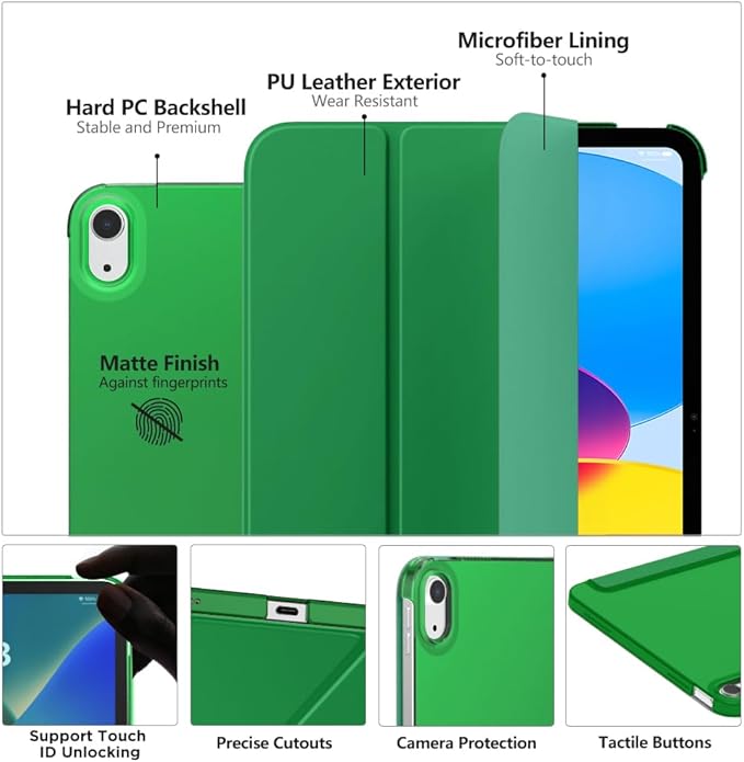 MoKo for iPad (A16) 11th Generation Case 11 Inch 2025, iPad 10th Generation Case 10.9 Inch 2022, Slim Stand Hard PC Translucent Back Shell Smart Cover, Support Touch ID, Auto Wake/Sleep, Forest Green