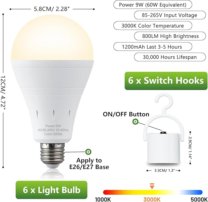 DEBAOBULB 10 Pack Rechargeable Emergency Light Bulbs, Battery Powered LED Light Bulb 3000K Warm E26 120 Volt 9W 60W Equivalent with 1200mAh for Home Power Outage Camping Hurricane