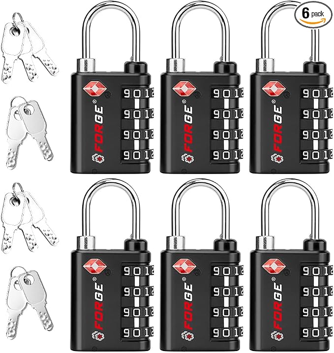 Forge Dual-Opening: Key or Combination Lock, TSA Approved Lock for Luggage, Pelican case, Travel, Gym, School, Luggage Combination Lock, Travel Bag Lock (Black 6 Pk)