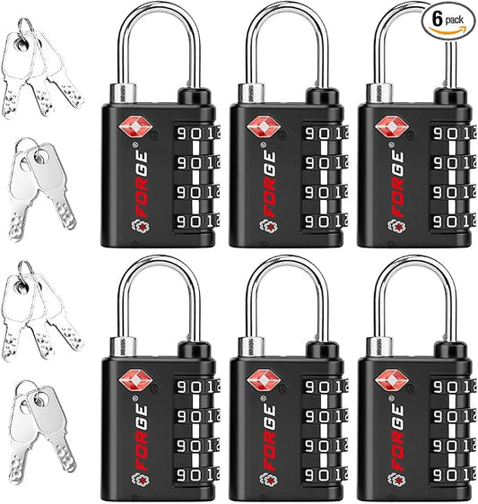 Forge Dual-Opening: Key or Combination Lock, TSA Approved Lock for Luggage, Pelican case, Travel, Gym, School, Luggage Combination Lock, Travel Bag Lock (Black 6 Pk)