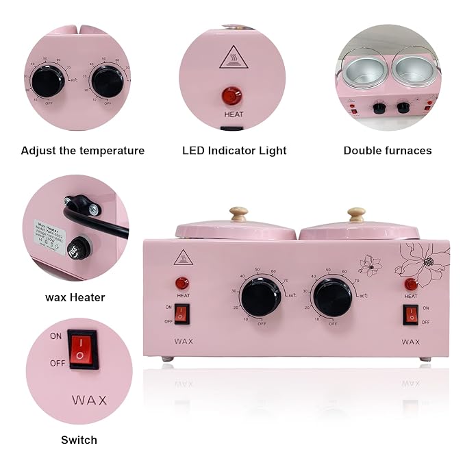 Double Pots Wax Warmer Professional Melted Wax Beads for Hair Removal,Fast Electric Wax Heater with Adjustable Temperature Set for Women (Pink-Double Pots)
