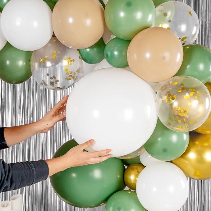 Restaurantware-Balloonify Balloon Garland Set, 1 Party Decoration Kit - 114 Balloons, With Chain, Green, White, & Gold Latex Balloon Arch Kit, Includes Glue Dots