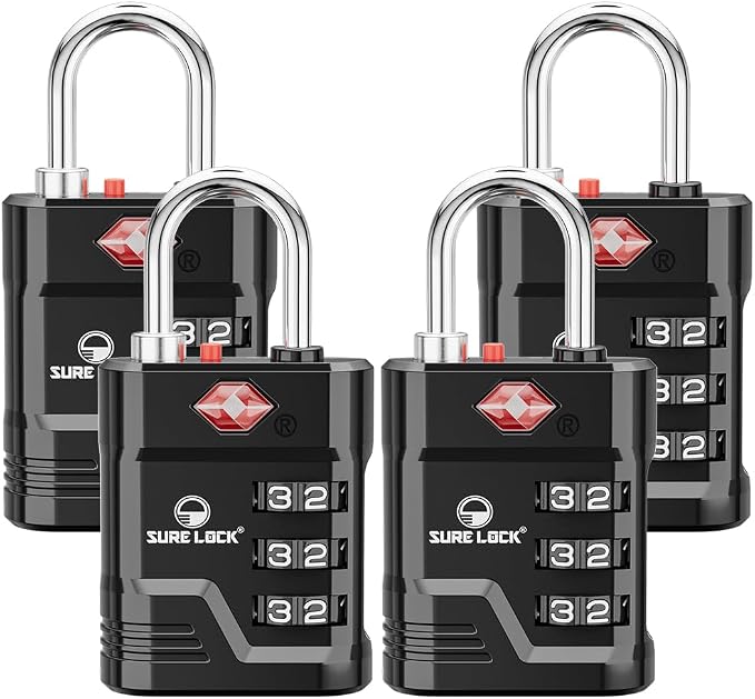 SURE LOCK TSA Approved Luggage Lock – 3-Digit Resettable Combination Padlock with Open Alert Red Dot, Large Easy-Read Dials for Suitcases, Backpacks, Gym & School Lockers (Black 4 pk)