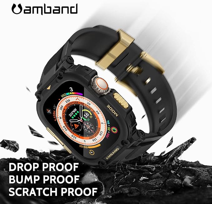 amBand Compatible with Apple Watch Ultra 3/2/1 Bands for Men, M1 Sport Series Heavy Duty Case Tactical Strap and Screen Protector, Protective Cover Fits iWatch Ultra Bands for Men 49mm - Black Gold