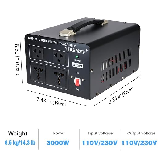Yinleader 3000 Watt Voltage Converter Transformer Step Up 110V to 220V or Step Down 220V to 110V Power Converter Adapter for use in The United States for European and Asian Household appliances