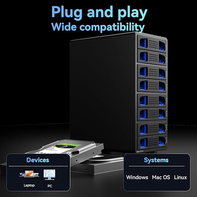 CENMATE Aluminum 8 Bay 10Gbps Hard Drive Enclosure with Cooling Fan for 2.5“/3.5" SATA HDD/SSD with USB A/C 3.2 Gen 2, Support Hot Swappable, Tool-Free HDD Enclosure, DAS(NO RAID/NAS)