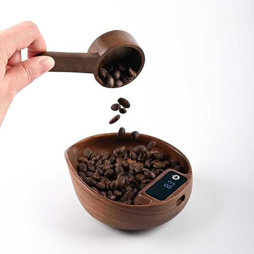 Luviora Walnut Wood Coffee Scale with Spoon, 0.1g Precision Digital | Wooden, Mini Coffee Scale, USB-C Rechargeable, Espresso & Pour-over, Coffee beans & Kitchen Use, Minimalist Design