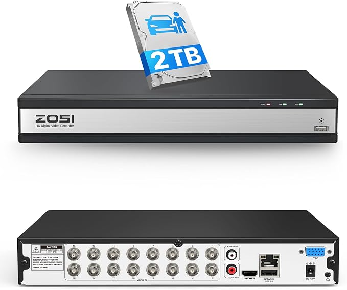 ZOSI 16 Channel 1080P Hybrid 4-in-1(TVI/AHD/CVI/CVBS) CCTV DVR with 2TB Hard Drive, AI Human/Vehicle Detection, H.265+ 16CH Surveillance Digital Video Recorder for 2MP Security Cameras, Remote Access