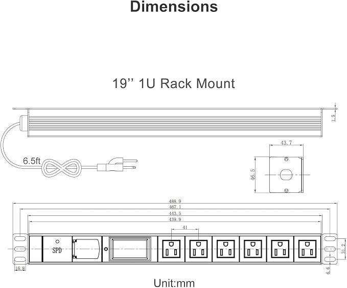 19 Inch Metered PDU Rack Mount Power Distribution Units 6 NEMA 5-15R Outlets PDU, 125-250V 15A 1U Rackmount Surge Protector Power Strip with OLED Screen Amp Voltage Power Display