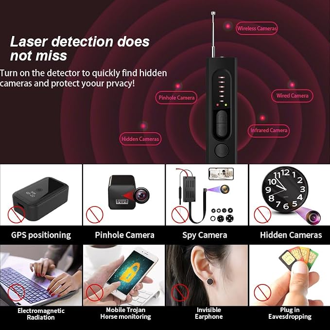 Hidden Camera and RF Bug Detector – Wireless Signal Scanner, Infrared Pin-Hole Camera Finder, Anti-Spy GPS Tracker, Portable Travel Office Security Device, 5 Sensitivity Levels, 25H Battery