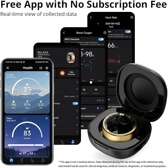 COLMI R02 Smart Ring, Smart Ring for Women and Men, No Subscription Fee, with a Charging Case, Supports Heart Rate, Blood Oxygen, Sleep Health Monitoring. (Gold, 7#)