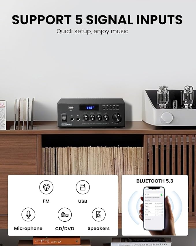 Moukey Amplifier Home Audio, 2.0 Channel Stereo Receivers with Bluetooth 5.3, Full Function Remote, FM, RCA, USB, 2 Mic in, 300W Peak Power, for Karaoke, Garage, Home Theater, MAMP3