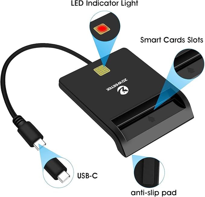 ZOWEETEK Type C CAC Reader, Smart CAC Card Reader USB C for DOD Military Common Access CAC, Compatible with Windows, Mac OS