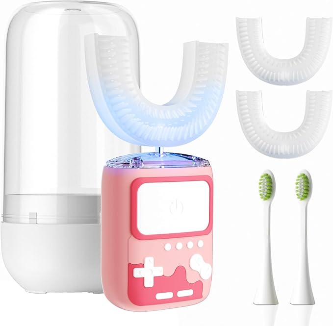 Adult Ultrasonic Electric Toothbrush, 360° Oral Cleaning for Stain & Whitening, IPX7 Waterproof Rechargeable, U-Shape Brush Head×3 + Straight Handle Brush Head×2 + Storage Cup