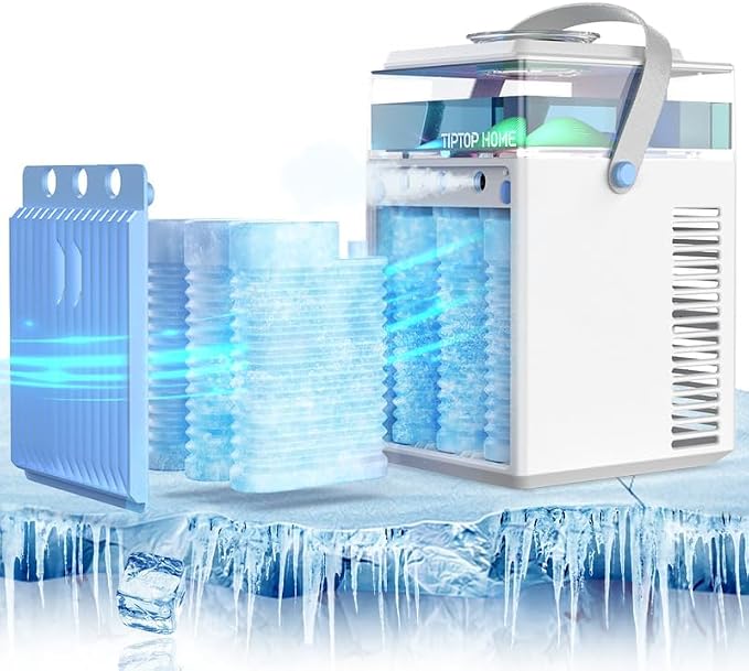 Portable Air Conditioner Fan, Rechargeable 5-IN-1 Personal Mini Cooler Humidifier, 3-Speed Evaporative Air Cooler with 7 Color Lights, Cordless AC Desktop Spray Fan, Quiet Desktop (White)