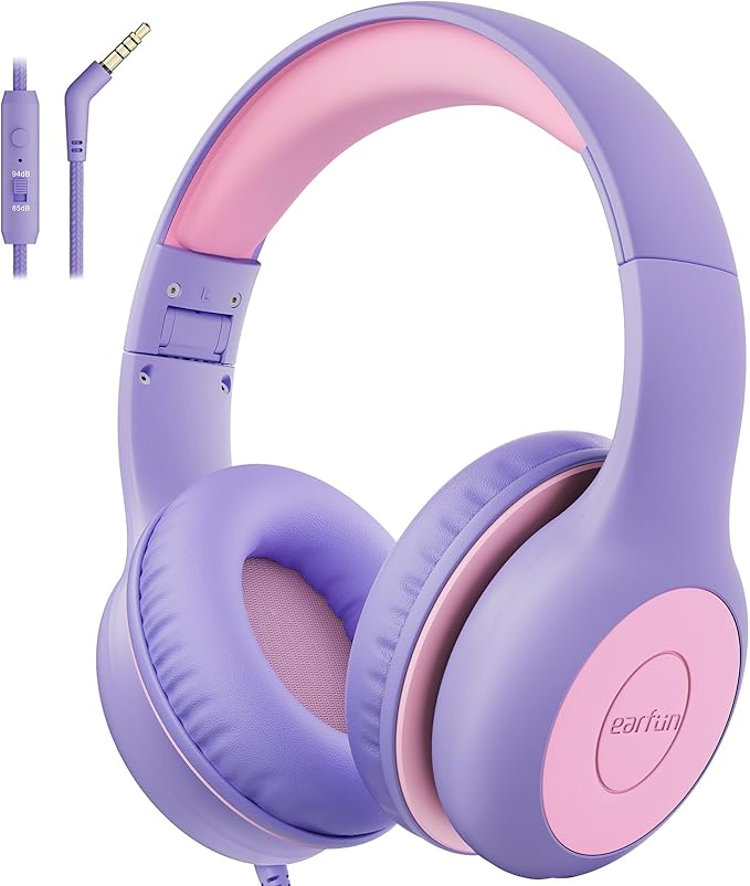 EarFun Kids Headphones Wired with Microphone, 85/94dB Volume Limit Headphones for Kids, Portable Wired Headphone with Shareport, Stereo Sound Foldable Headset for School/Tablet/iPad, Violet Pink