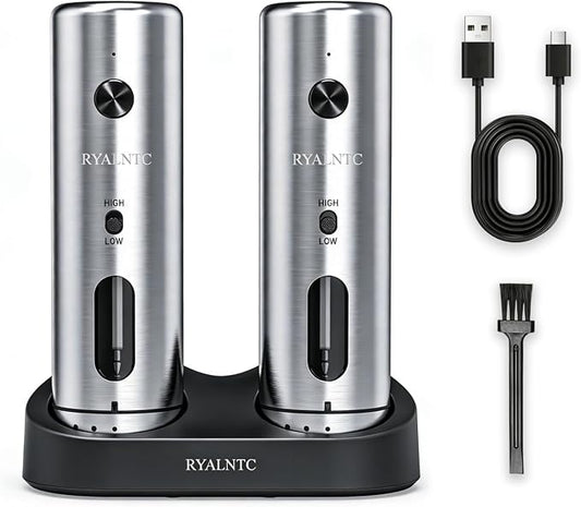 Electric Salt and Pepper Grinder Set with Rechargeable Base Upgraded Stainless Steel Automatic Salt and Pepper Shakers,Upgraded 2-Speed Setting,External 6 Adjustable Coarseness with LED Light