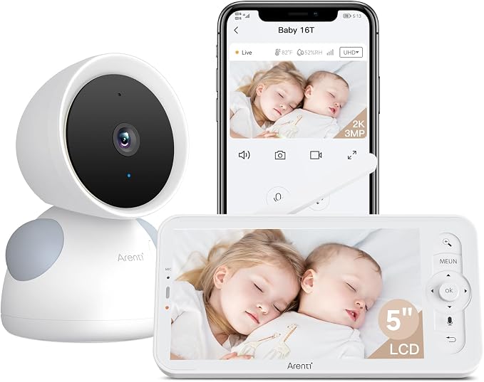 ARENTI Baby Monitor, 2K/3MP WiFi 6 Camera and Audio, 5-inch Wireless Screen, Smartphone App, Super Night Vision, Crying Detection, Auto Tracking, Temp&Humidity Sensor, Cloud&SD Card Storage (D3 Kit)