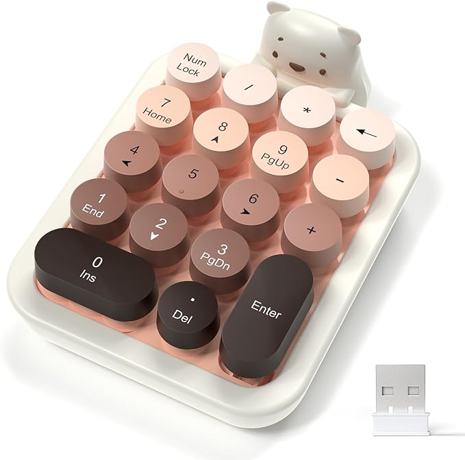 FELICON Cute Wireless Numeric Keypad with Silicon Bear,18-Key Colorful Round Keycaps,Ergonomic,2.4GHz Wireless Connection,Portable Financial Accounting Numpad Membrane Keyboard for PC,Laptop(Milk Tea)