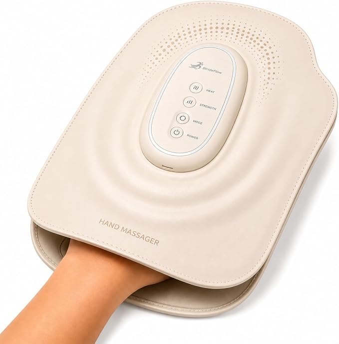 STRIDEFLOW Hand Massager with Heat and Compression for Arthritis and Carpal Tunnel Relief, Air Compression Glove for Hand & Wrist Pain, FSA-HSA Eligible, Fathers Day Gift for Men, Off White