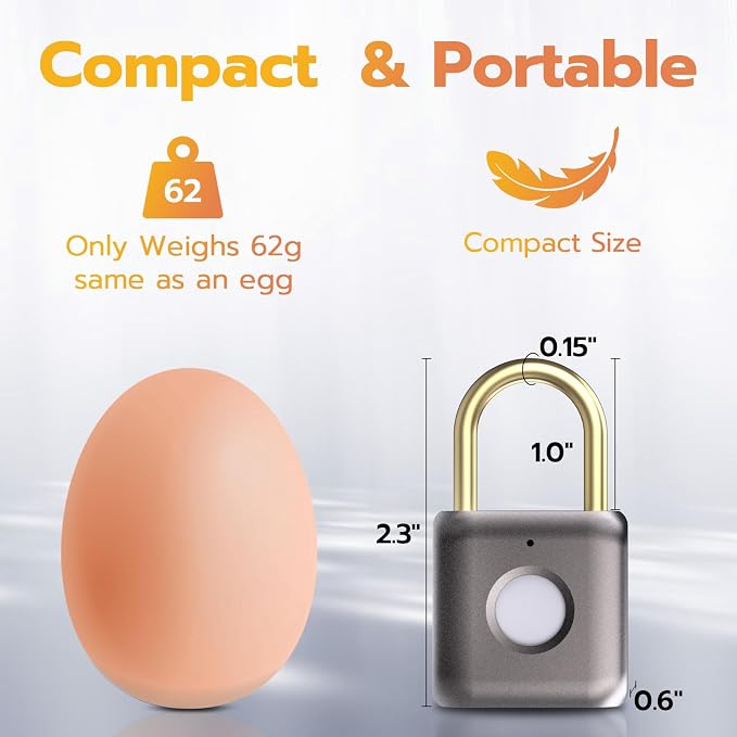 Pothunder Fingerprint Padlock, Smart Padlock, Locker Lock, Biometric Keyless Fingerprint Lock for Gym Locker, Toolbox, Locker, Door, Luggage, Backpack(Gray)