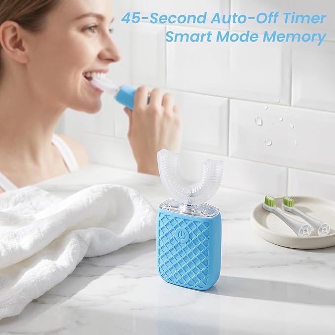 Sonic Electric U Shaped Toothbrush for Adults, Automatic Full Mouth Cleaning Toothbrush, 360° Stain Removal, IPX7 Waterproof Rechargeable, 3 U-Shape & 2 Straight Brush Heads (Blue-Cup)